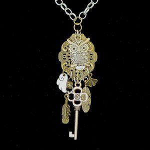 #503 Owl & Key Halloween Steam=Funk Pendant Necklace
